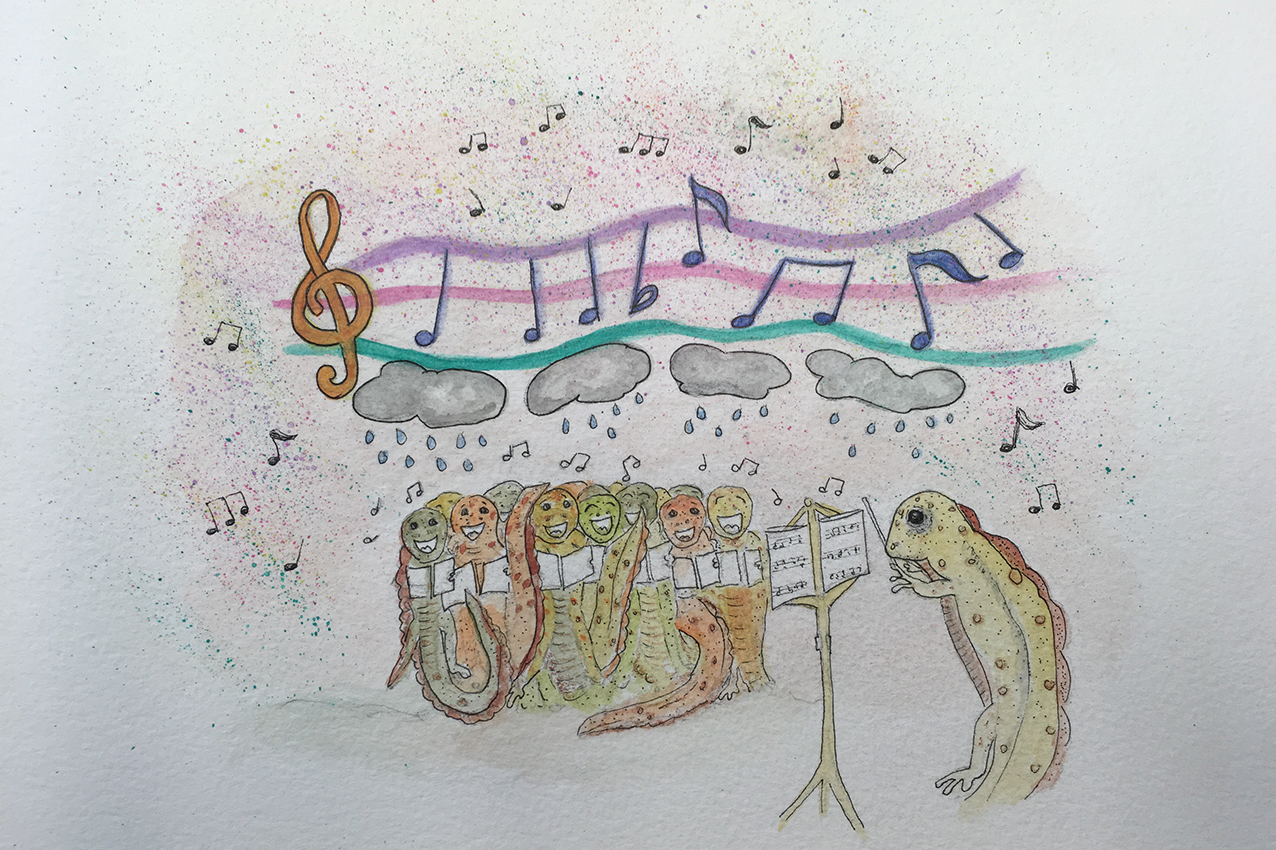 Newt Character Illustration Conducting An Orchestra Of Other Newts