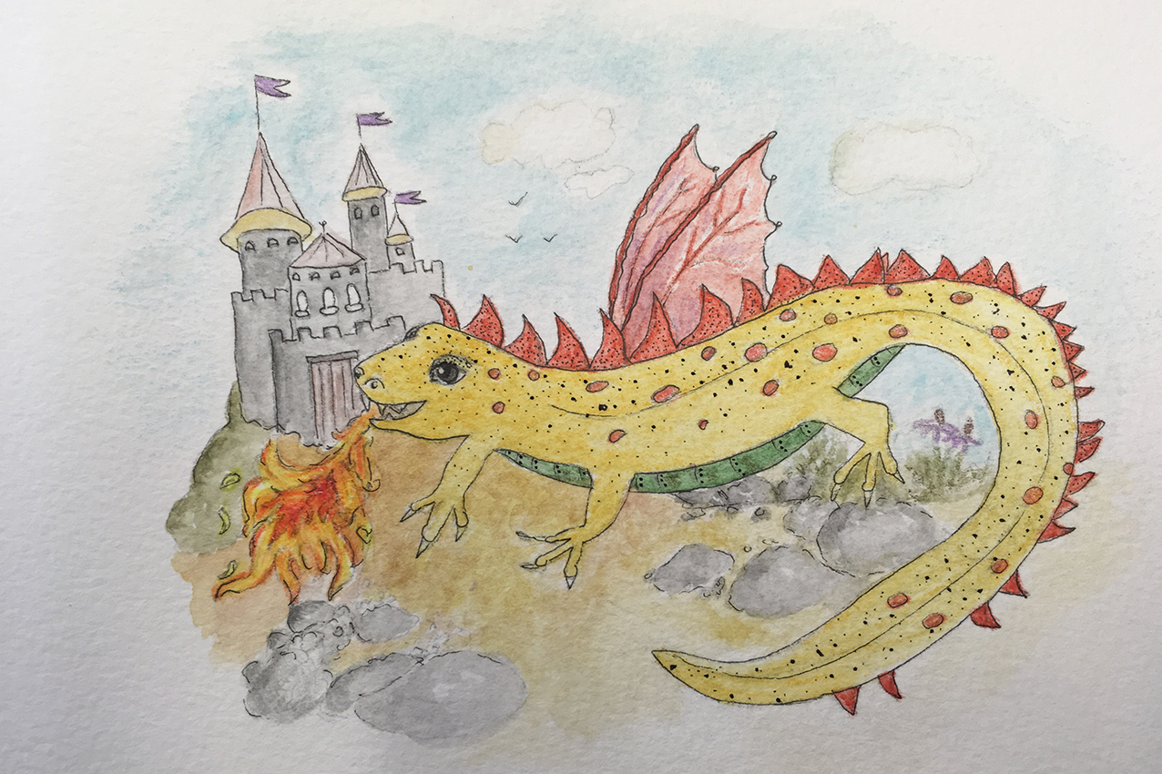 Newt Character Blowing Fire Onto A Castle Illustration